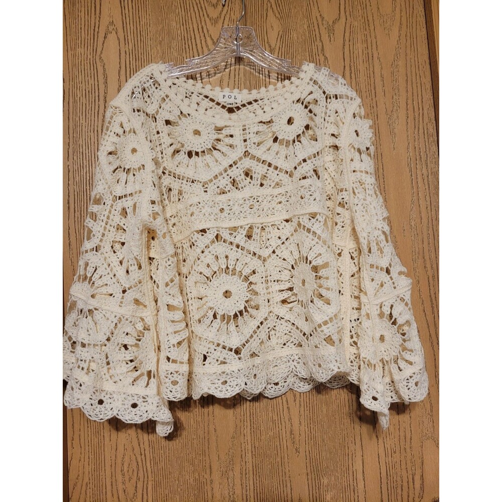 P O L Cream Crochet Layering Top Long Bell Sleeves One Size Fits All